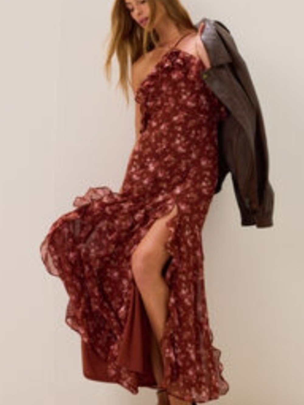 Altar'd State Burgundy Floral One-Shoulder Ruffle Maxi Dress New